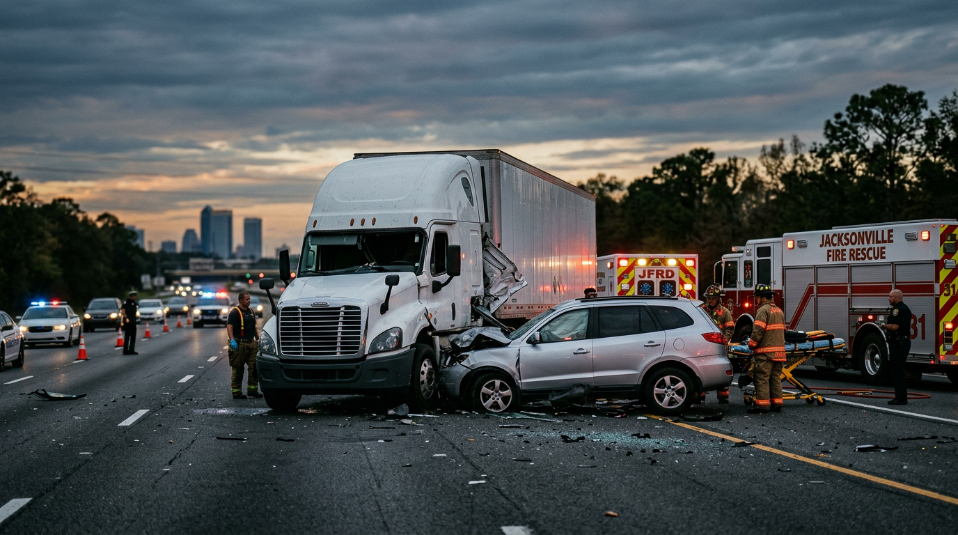 Overturned commercial truck wreckage on a highway at dusk after a serious collision.