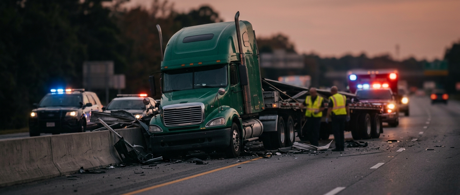 Overturned commercial truck wrecked on a highway at dusk after a serious collision.
