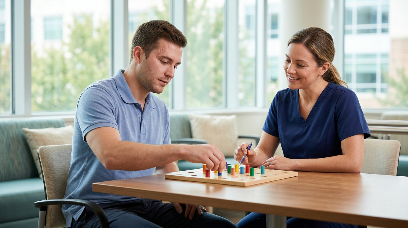 Patient practices memory and coordination exercises with a therapist during rehabilitation therapy.