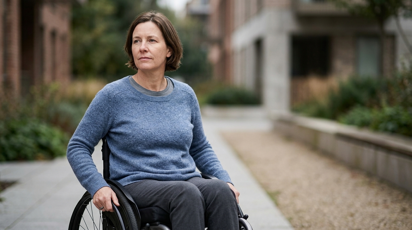a person who uses a wheelchair looking forward with quiet resolve, catastrophic spinal injury