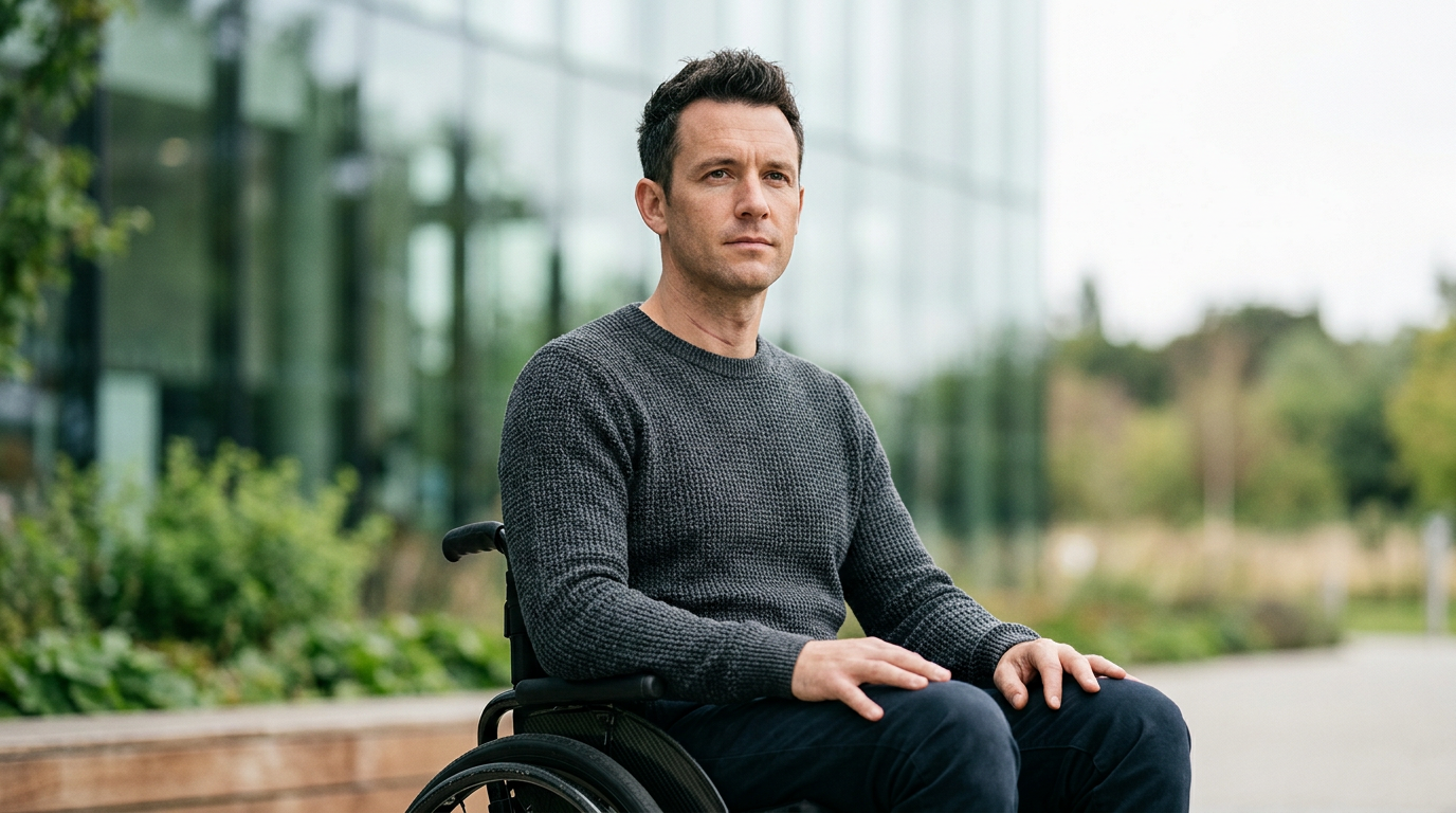 a person who uses a wheelchair looking forward with quiet resolve, catastrophic spinal injury