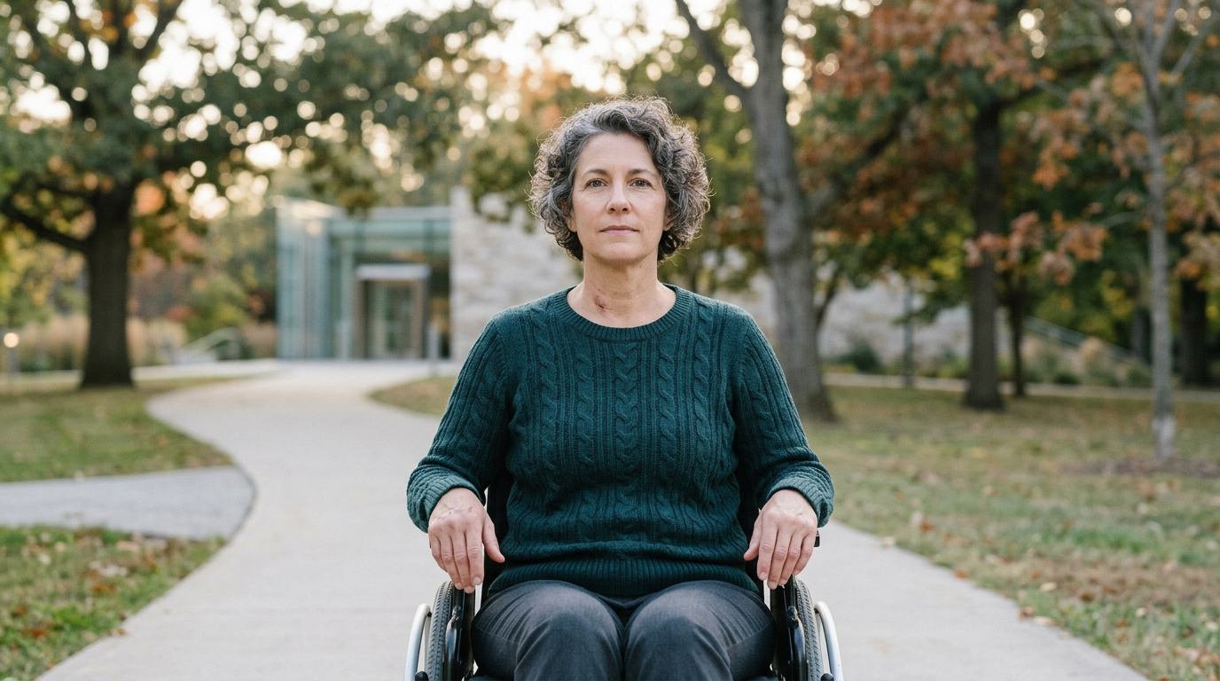 a person who uses a wheelchair looking forward with quiet resolve, catastrophic spinal injury