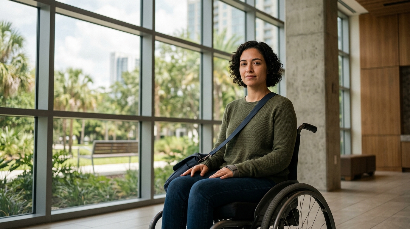 a person who uses a wheelchair looking forward with quiet resolve, catastrophic spinal injury