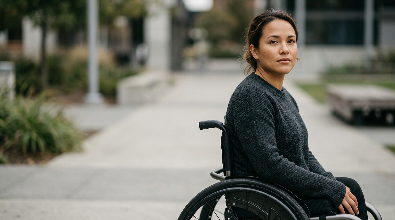 a person who uses a wheelchair looking forward with quiet resolve, catastrophic spinal injury