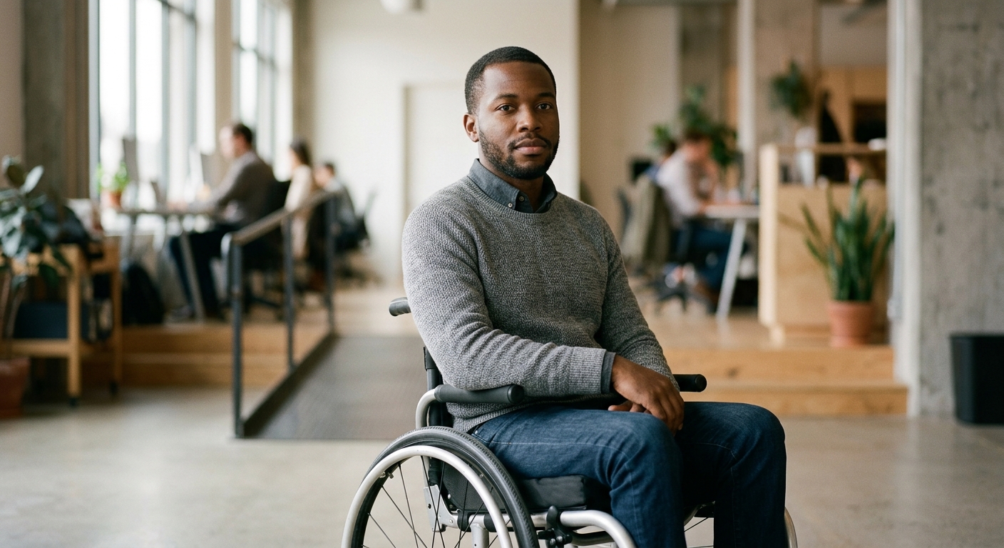 a person who uses a wheelchair looking forward with quiet resolve, catastrophic spinal injury