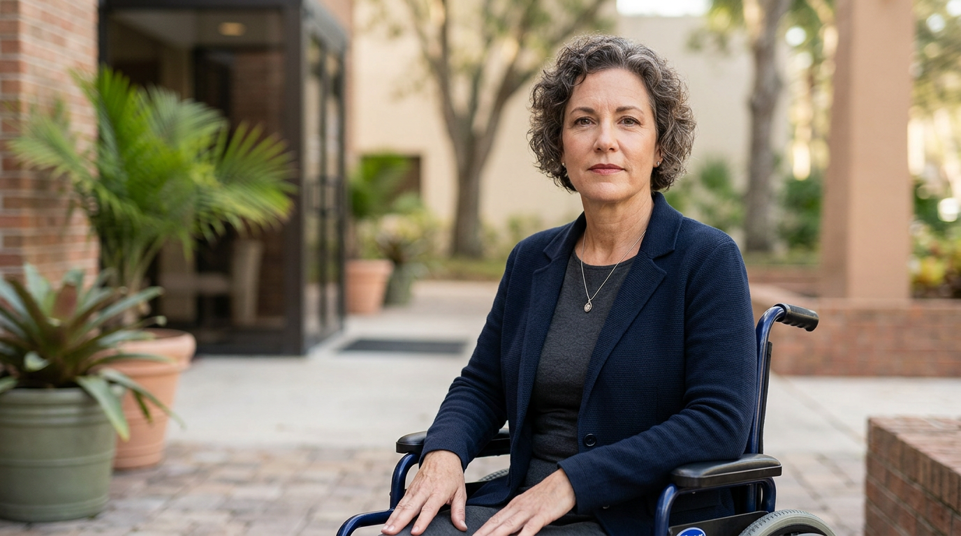 a person who uses a wheelchair looking forward with quiet resolve, catastrophic spinal injury