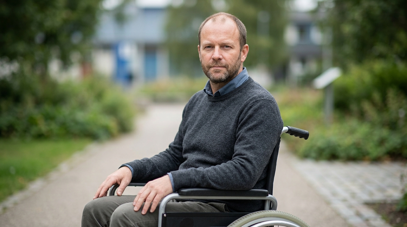 a person who uses a wheelchair looking forward with quiet resolve, catastrophic spinal injury