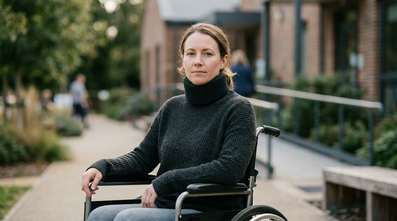 a person who uses a wheelchair looking forward with quiet resolve, catastrophic spinal injury