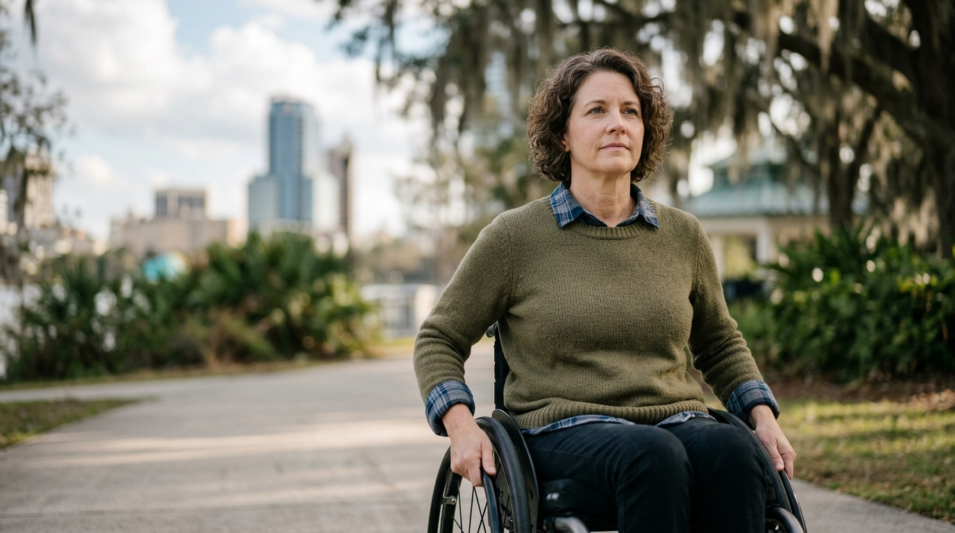a person who uses a wheelchair looking forward with quiet resolve, catastrophic spinal injury