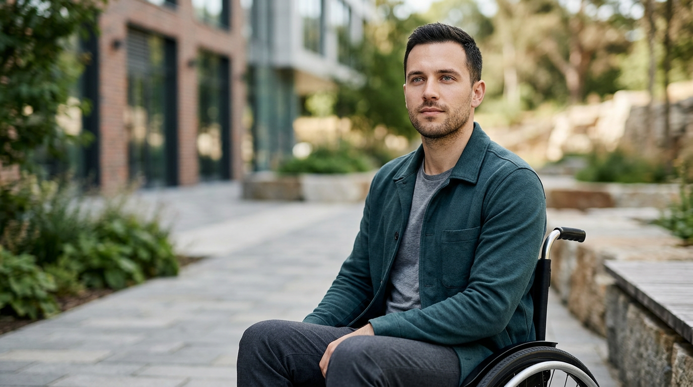 a person who uses a wheelchair looking forward with quiet resolve, catastrophic spinal injury