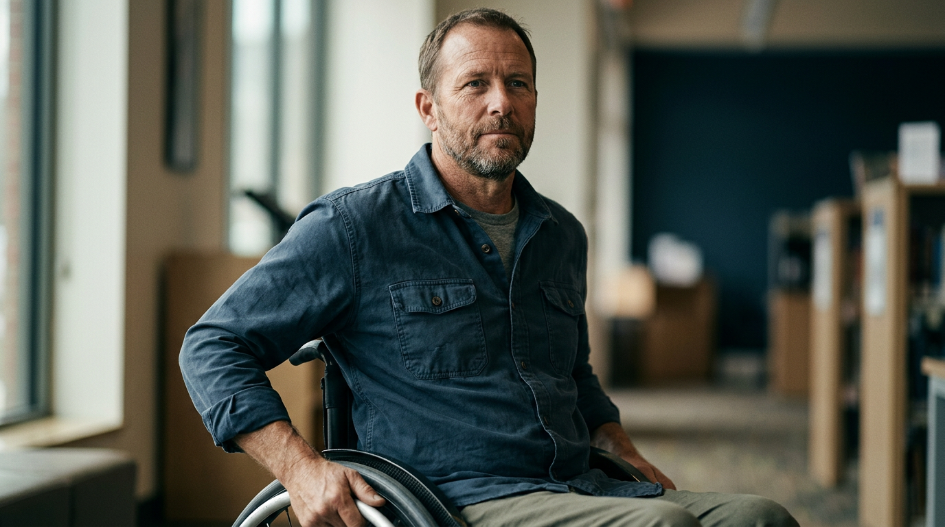 a person who uses a wheelchair looking forward with quiet resolve, catastrophic spinal injury