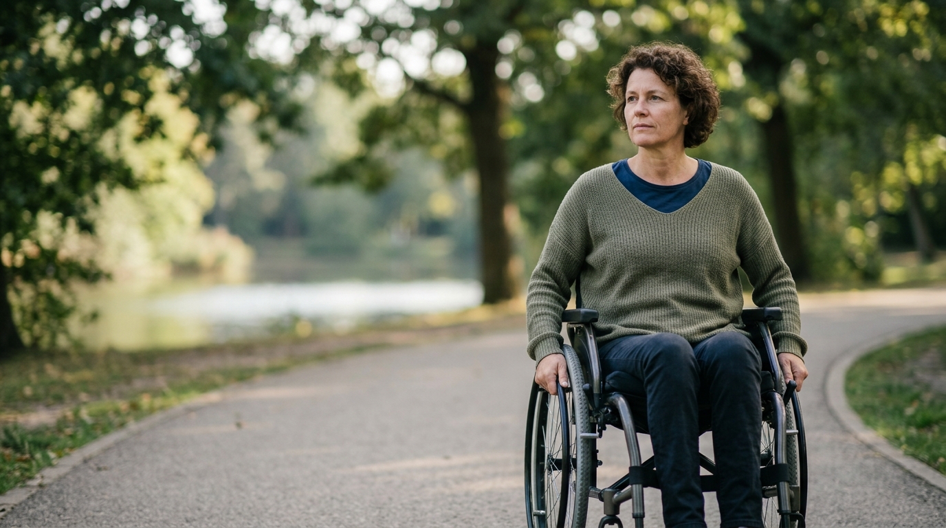 Person in a wheelchair looking forward with a determined expression.