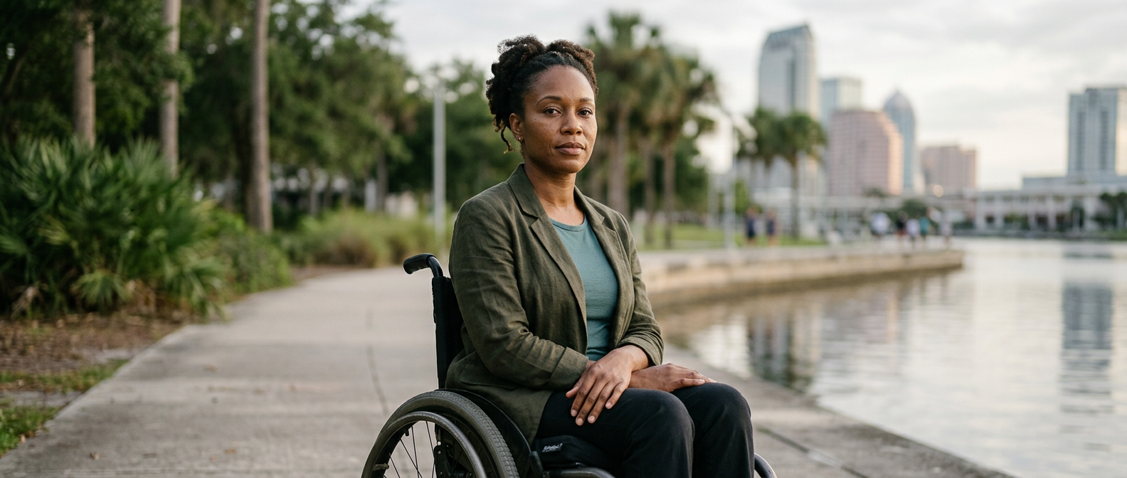 a person who uses a wheelchair looking forward with quiet resolve, catastrophic spinal injury