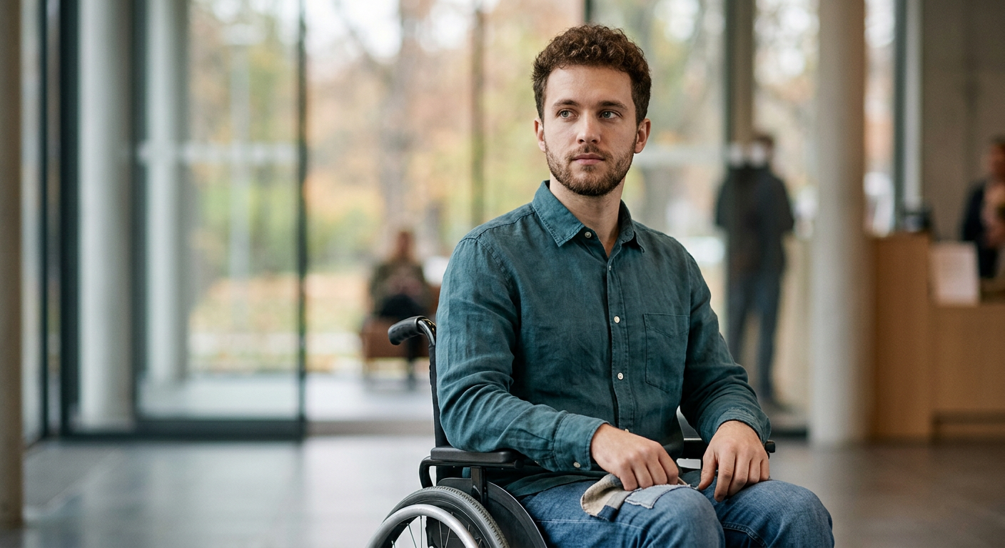 Person in a wheelchair looking forward with a quiet, determined expression.