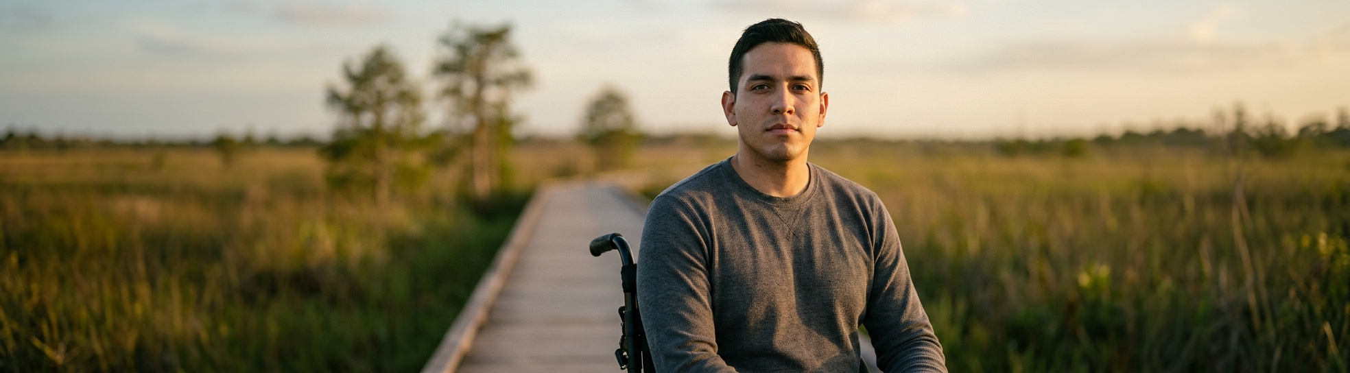 Person in a wheelchair looking forward with a quiet, resolute expression.