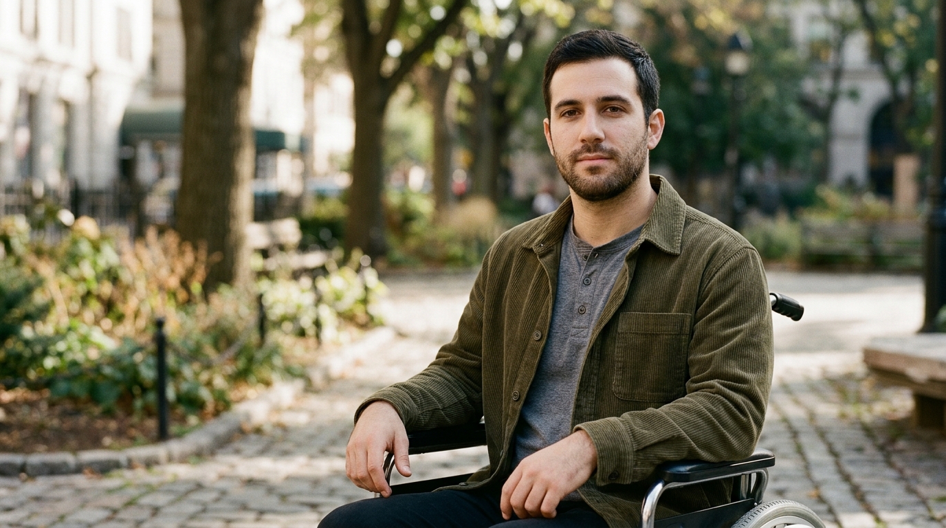 a person who uses a wheelchair looking forward with quiet resolve, catastrophic spinal injury