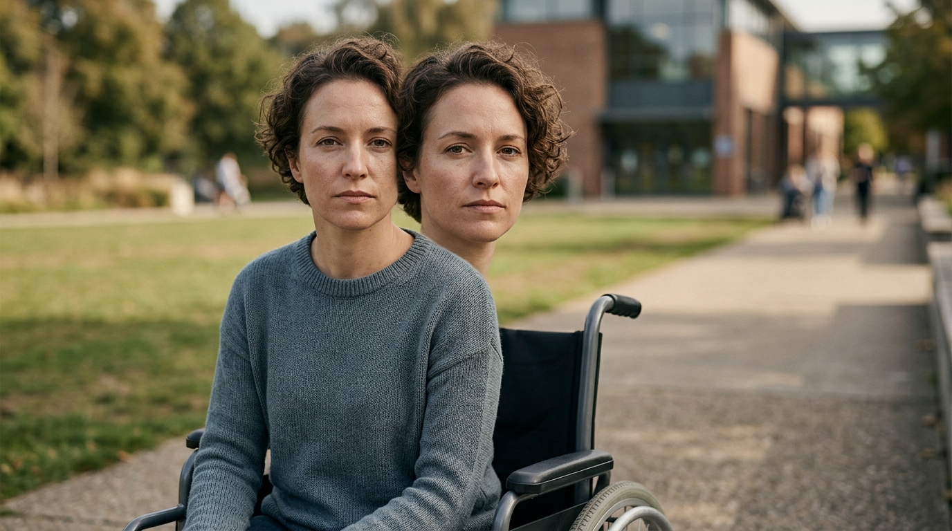 Person in a wheelchair looking forward with quiet resolve after a catastrophic spinal injury.