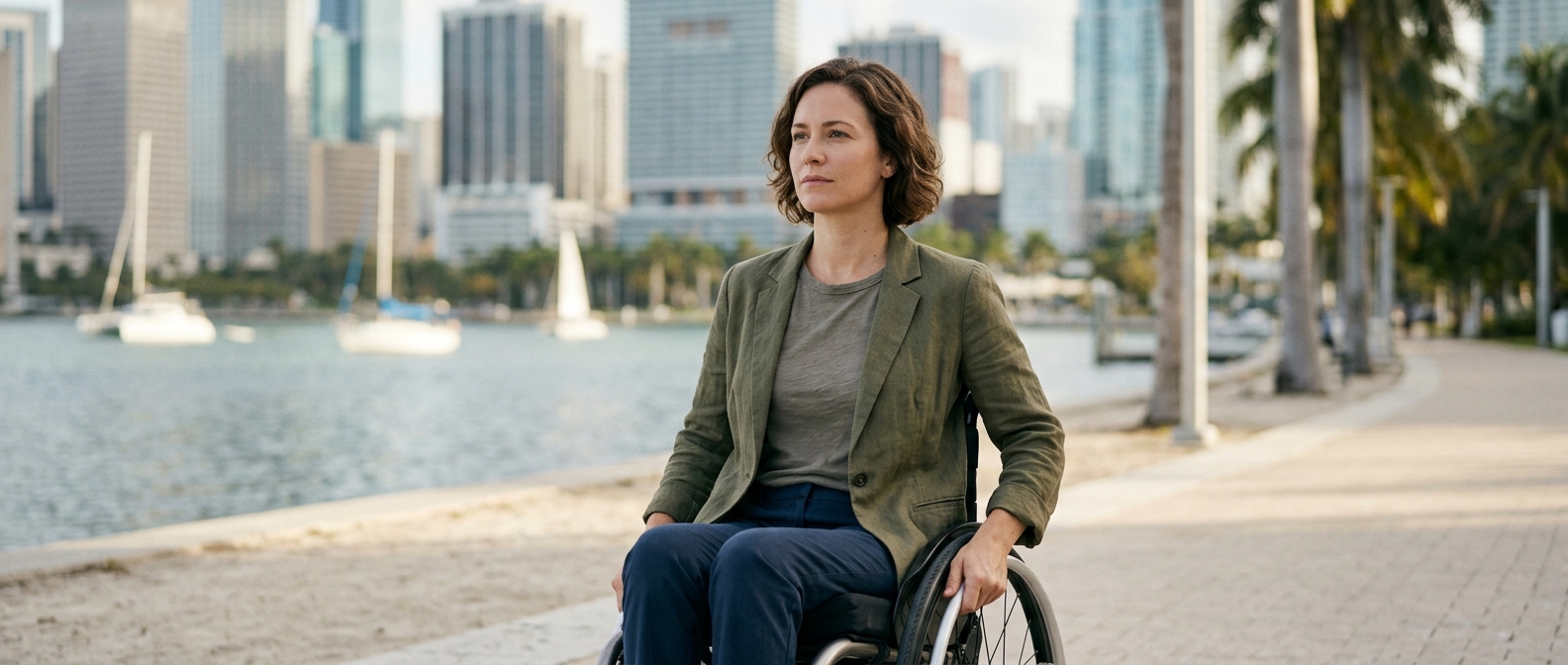 a person who uses a wheelchair looking forward with quiet resolve, catastrophic spinal injury