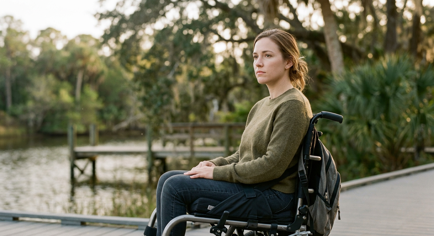 Person in a wheelchair looking forward with quiet resolve after a catastrophic spinal injury.
