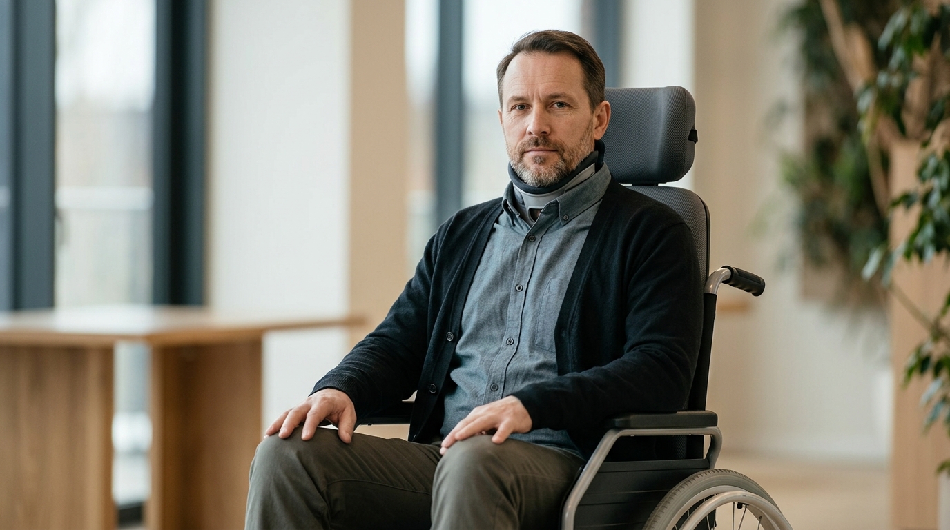 a person who uses a wheelchair looking forward with quiet resolve, catastrophic spinal injury