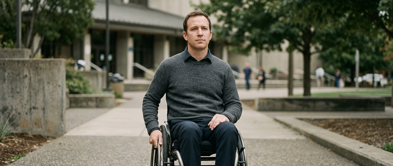 Person in a wheelchair looking forward with quiet resolve after a catastrophic spinal injury.
