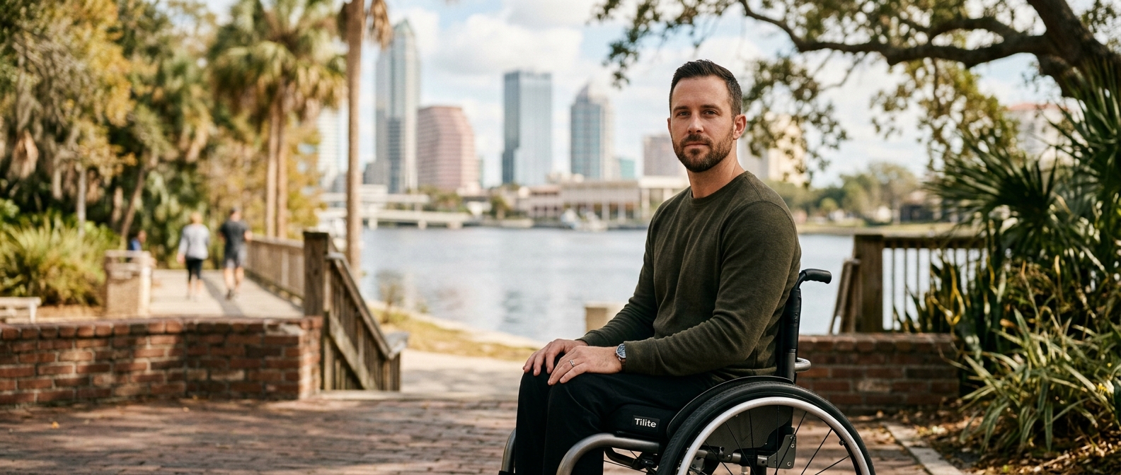 a person who uses a wheelchair looking forward with quiet resolve, catastrophic spinal injury