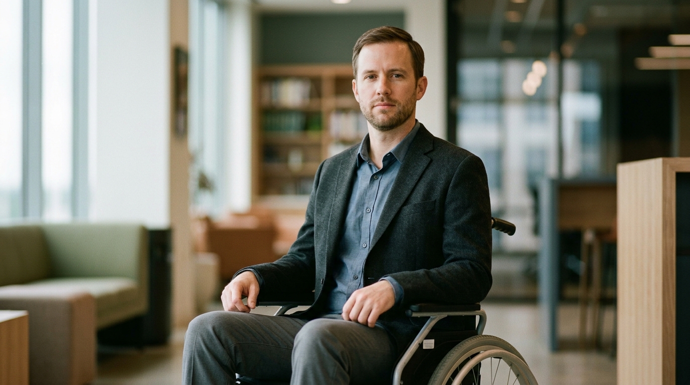 Person in a wheelchair looking forward with quiet resolve after a catastrophic spinal injury.