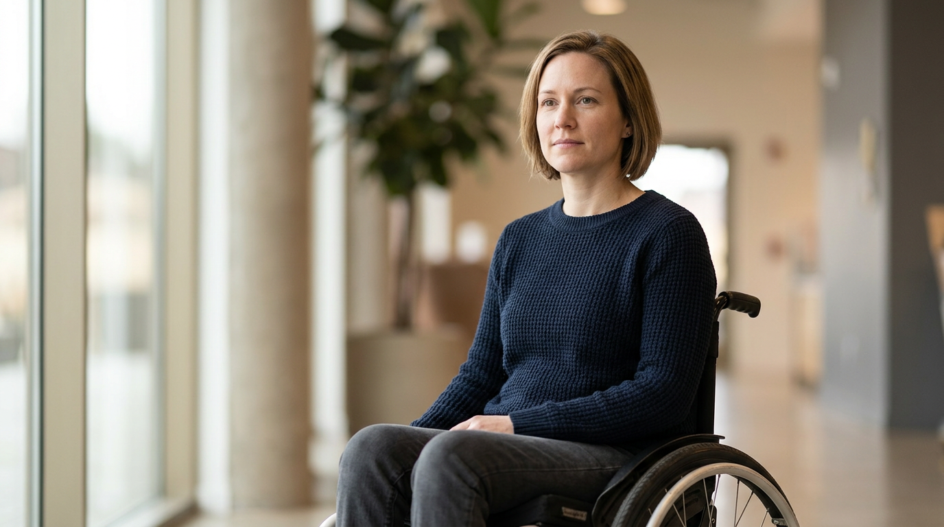 a person who uses a wheelchair looking forward with quiet resolve, catastrophic spinal injury