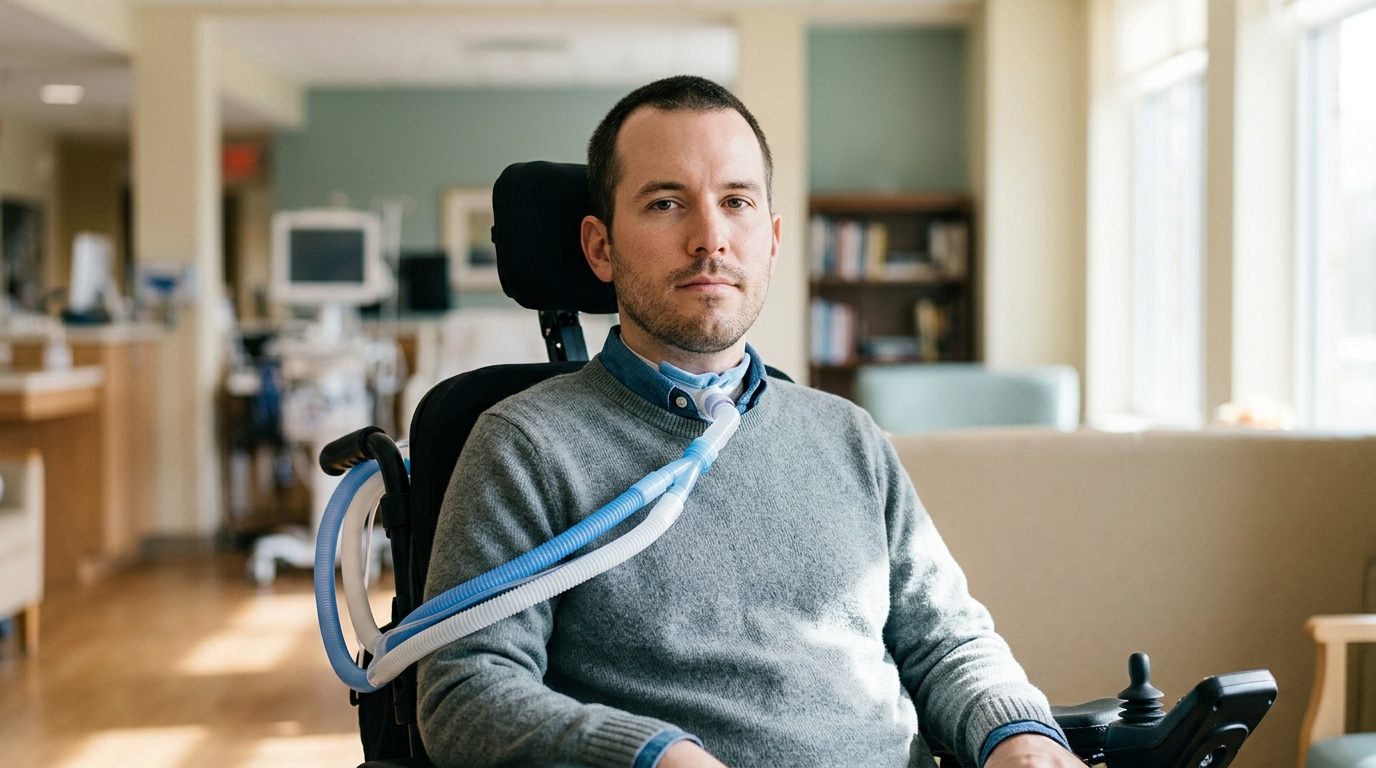Person in a wheelchair looking forward with quiet resolve after a catastrophic spinal injury.