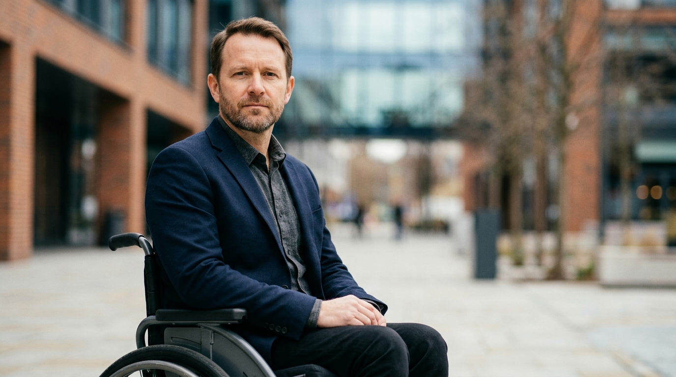 Person in a wheelchair looking forward with quiet resolve after a catastrophic spinal injury.