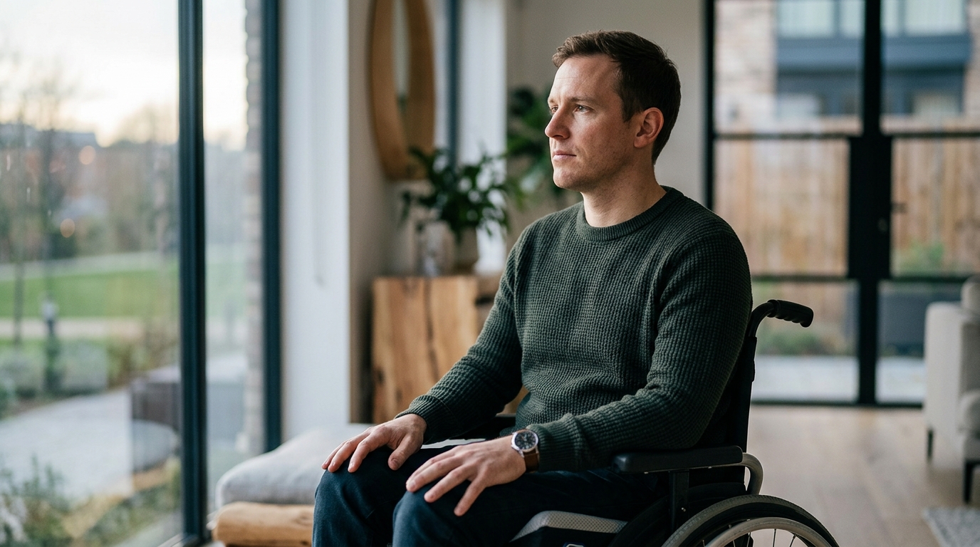 Person in a wheelchair looking forward with quiet resolve after a severe spinal injury.