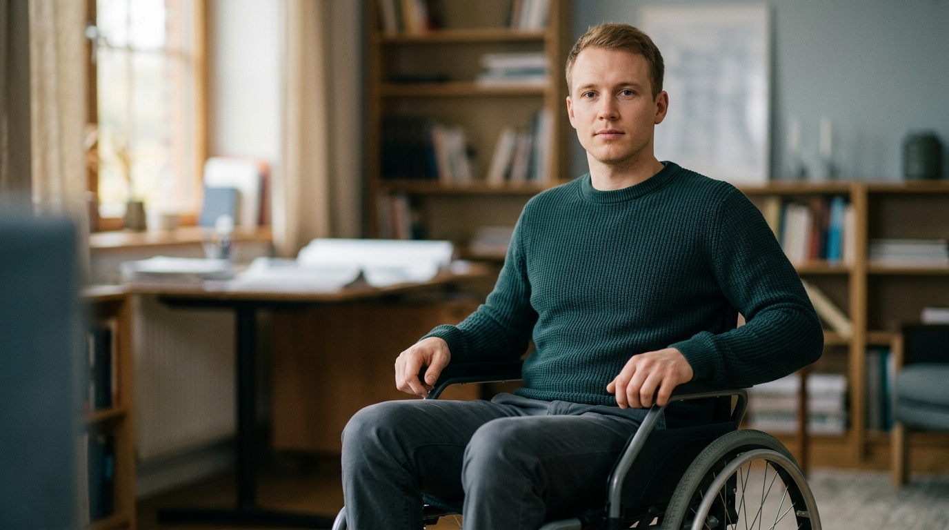 Person in a wheelchair looking forward with quiet resolve after a catastrophic spinal injury.