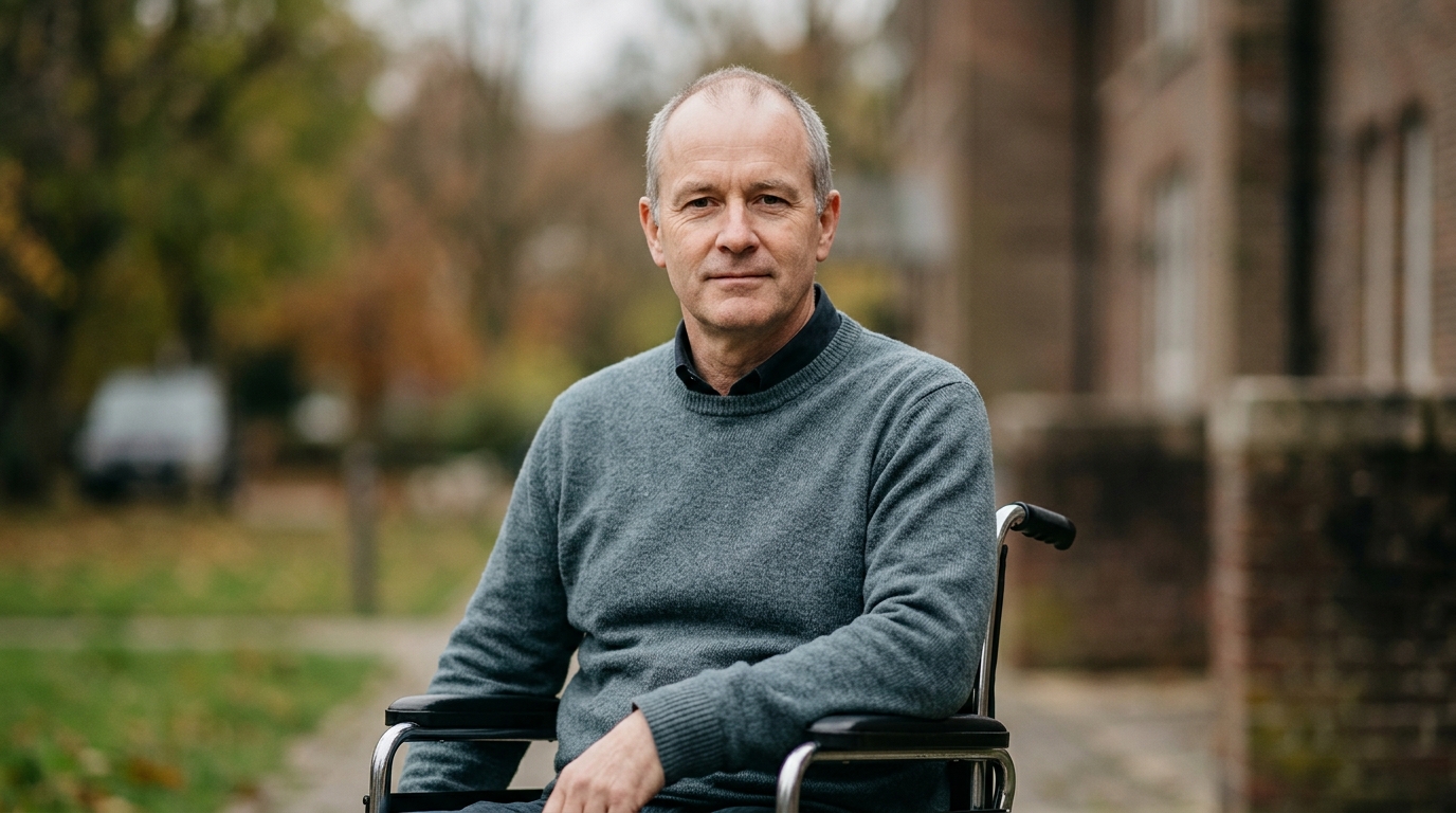 Person in a wheelchair looking forward with quiet resolve after a catastrophic spinal injury.