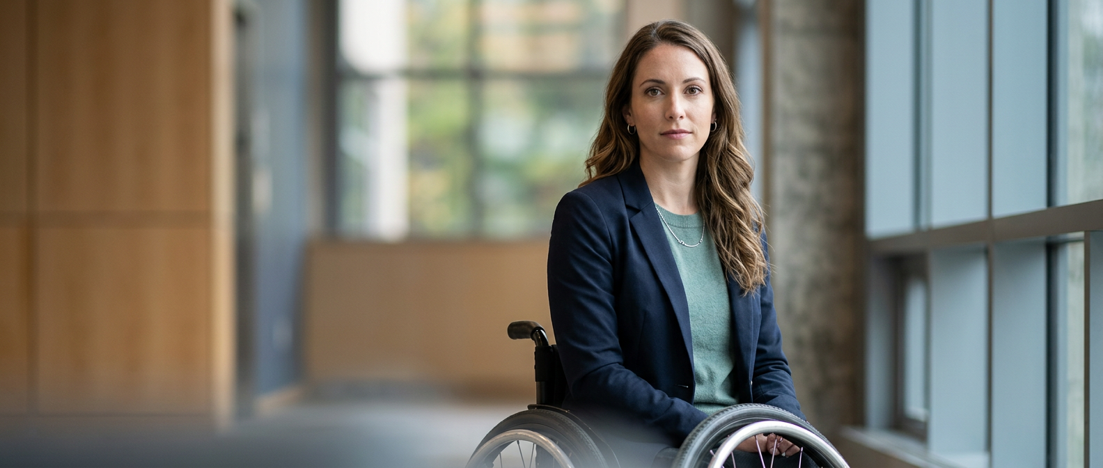 Person in a wheelchair looking forward with quiet resolve after a catastrophic spinal injury.