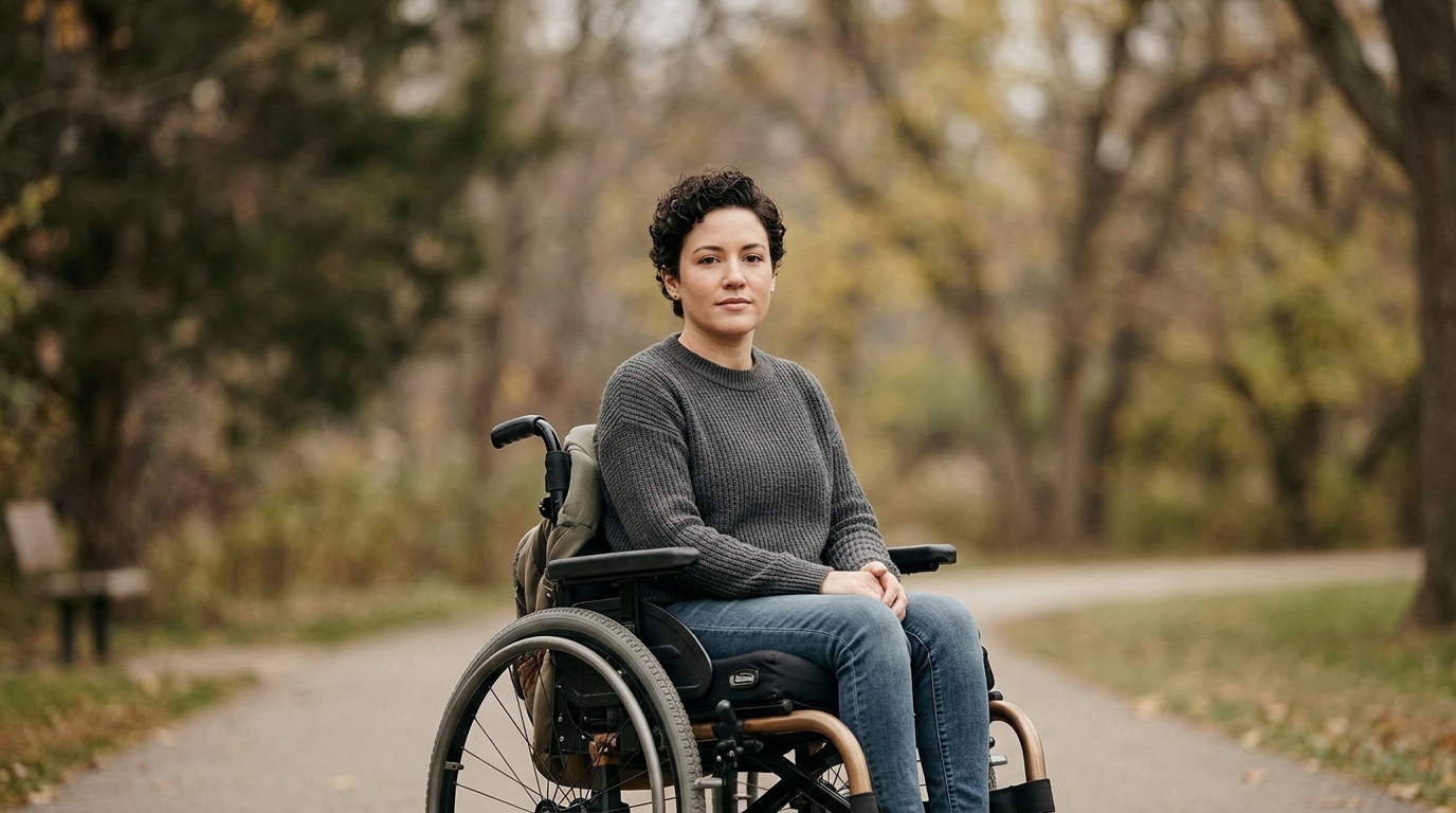 Person in a wheelchair looking forward with quiet resolve after a catastrophic spinal injury.