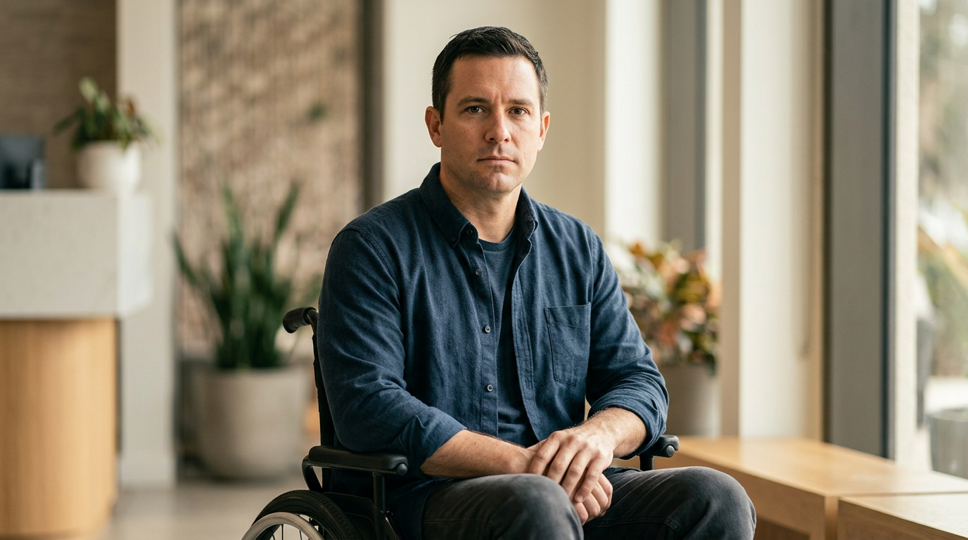 Person in a wheelchair looking forward with quiet resolve after a catastrophic spinal injury.