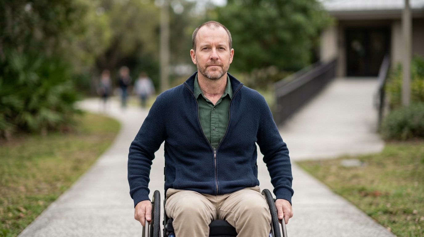 Person in a wheelchair with a spinal injury looking forward with quiet resolve.