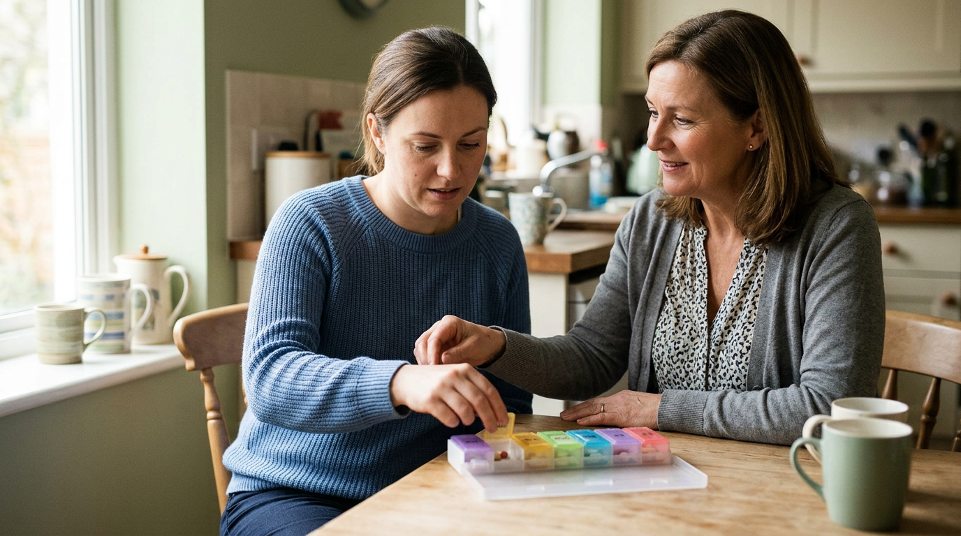 Person relearning daily routines with a caregiver's support during traumatic brain injury recovery.