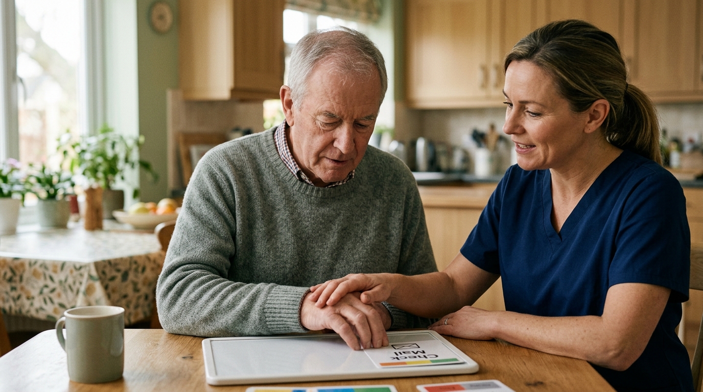 Person relearning daily routines with a caregiver's support after a traumatic brain injury.