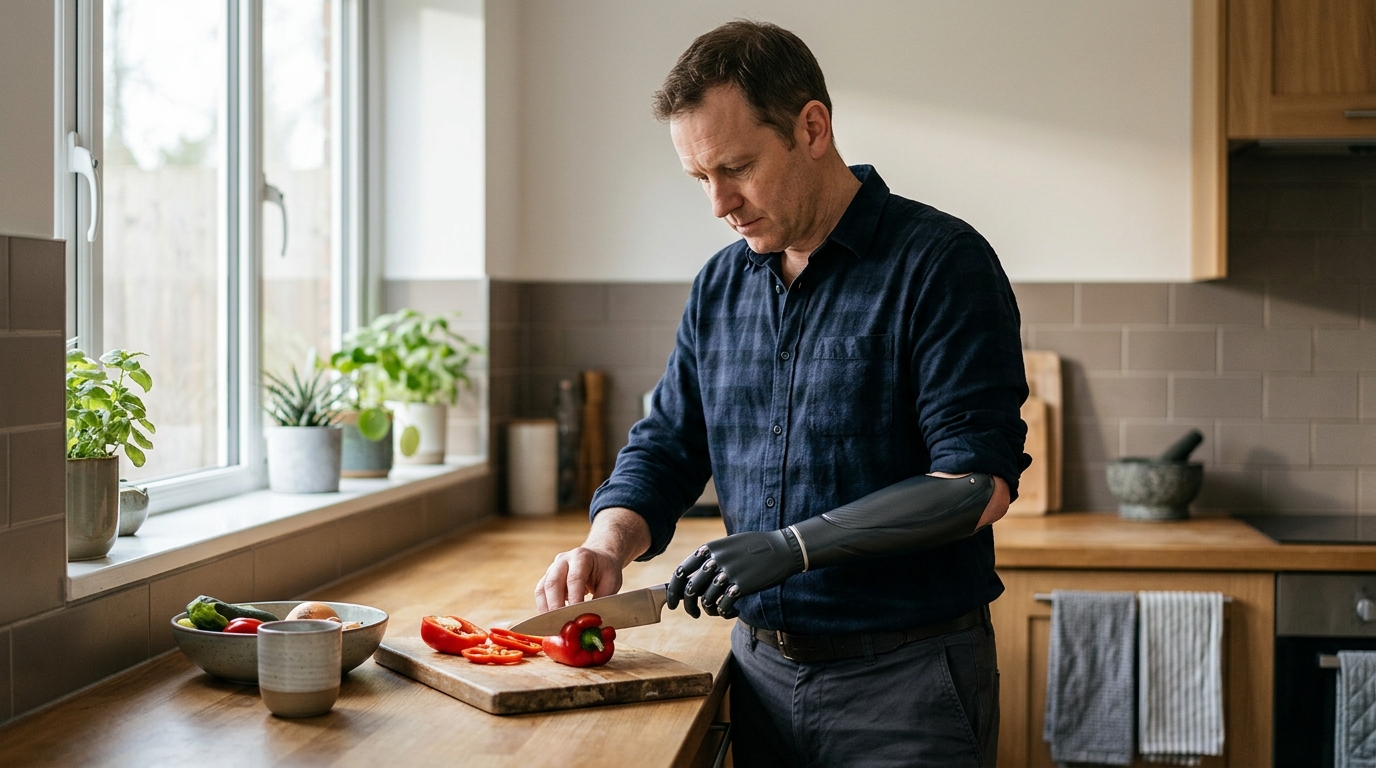 Person using a prosthetic arm to perform a daily task, regaining independence after amputation.