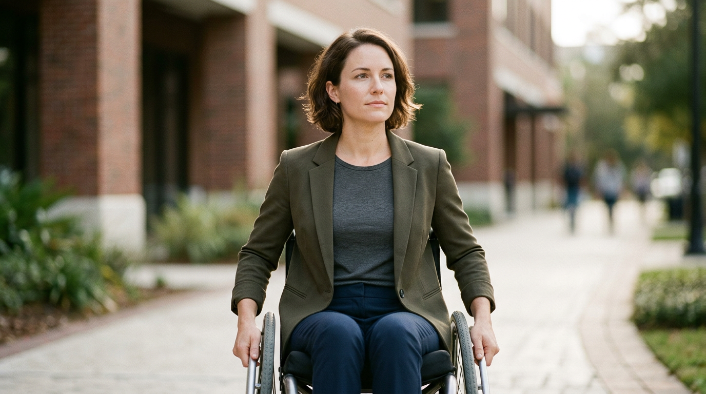 a person who uses a wheelchair looking forward with quiet resolve, catastrophic spinal injury