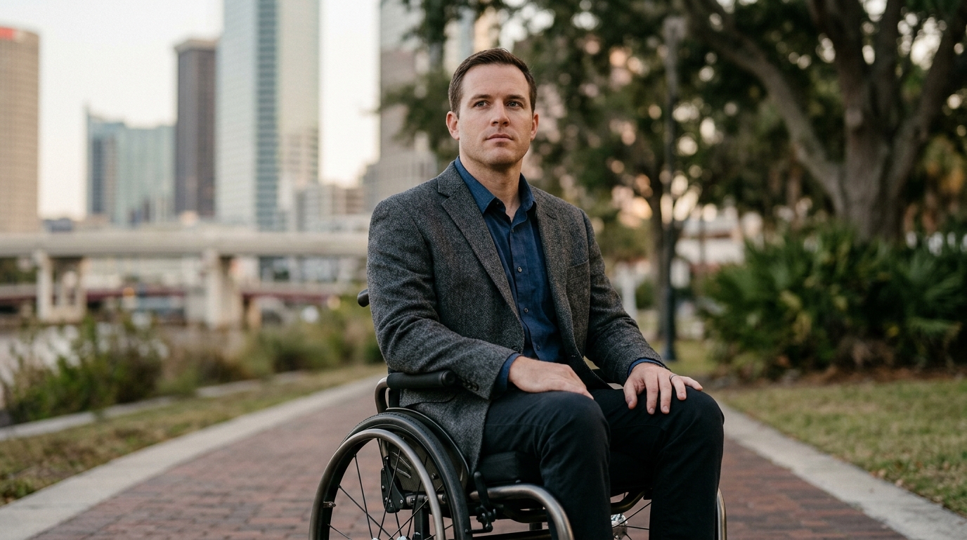 Person using a wheelchair looking ahead with quiet resolve after a catastrophic spinal injury.
