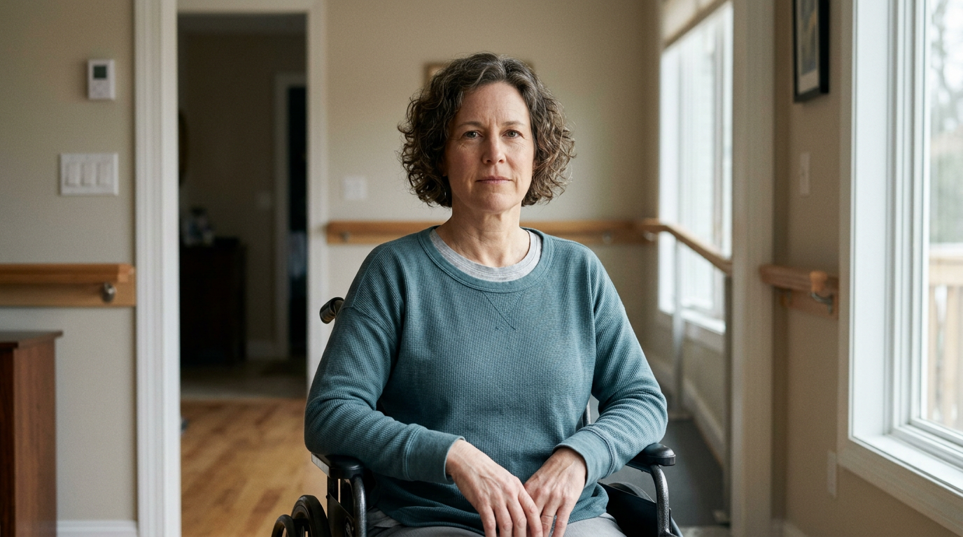 Person using a wheelchair looking ahead with quiet resolve after a spinal injury.