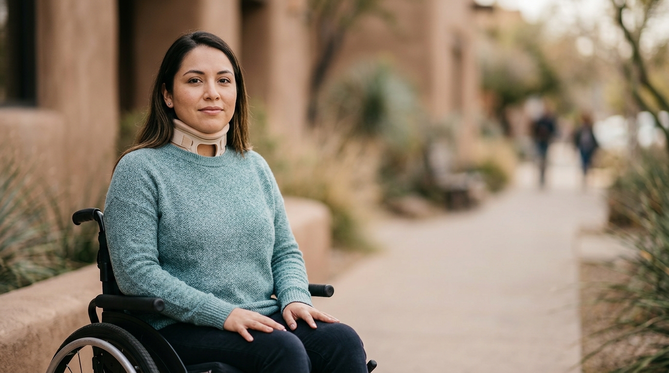 Person using a wheelchair looking ahead with quiet resolve after a catastrophic spinal injury.