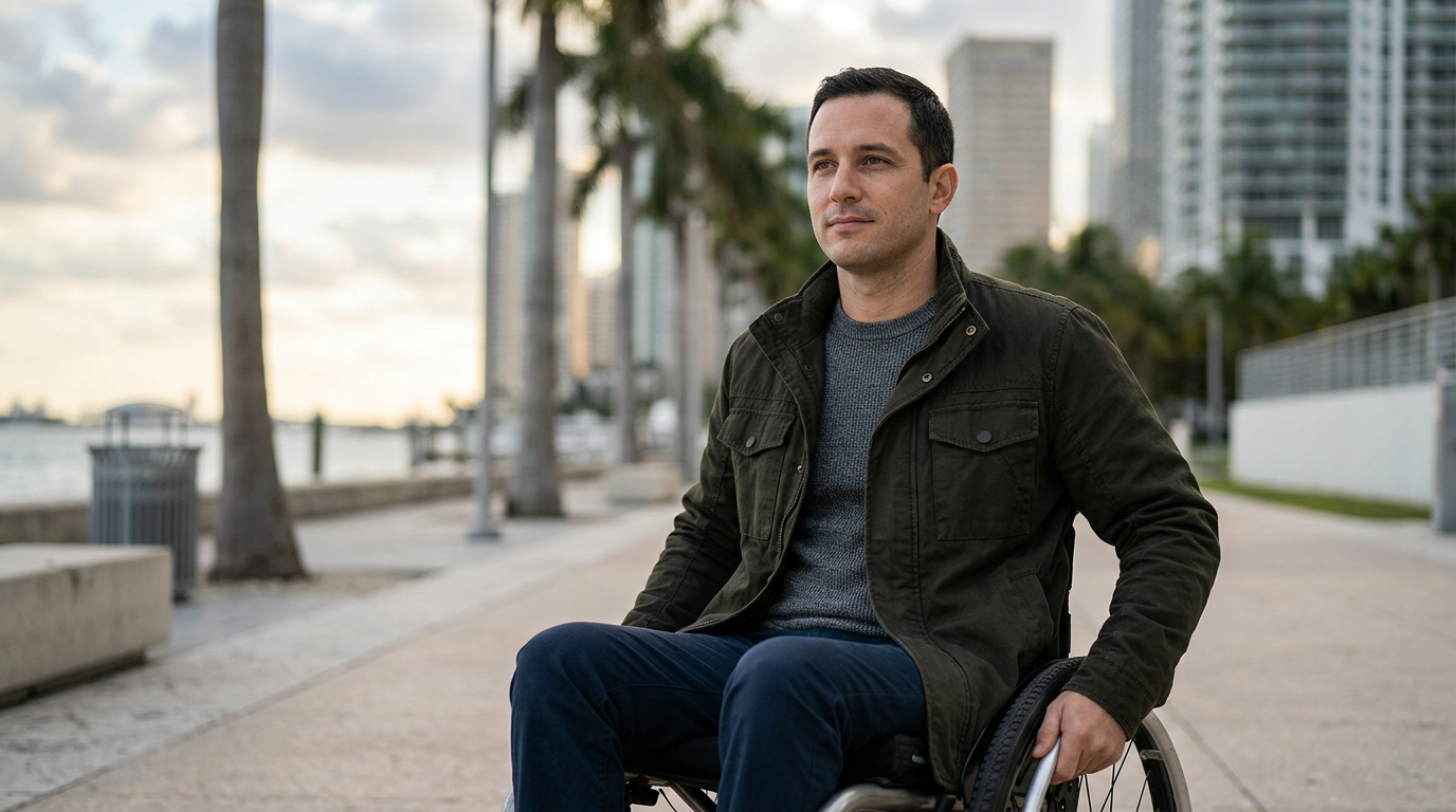 Person using a wheelchair looking ahead with quiet resolve.