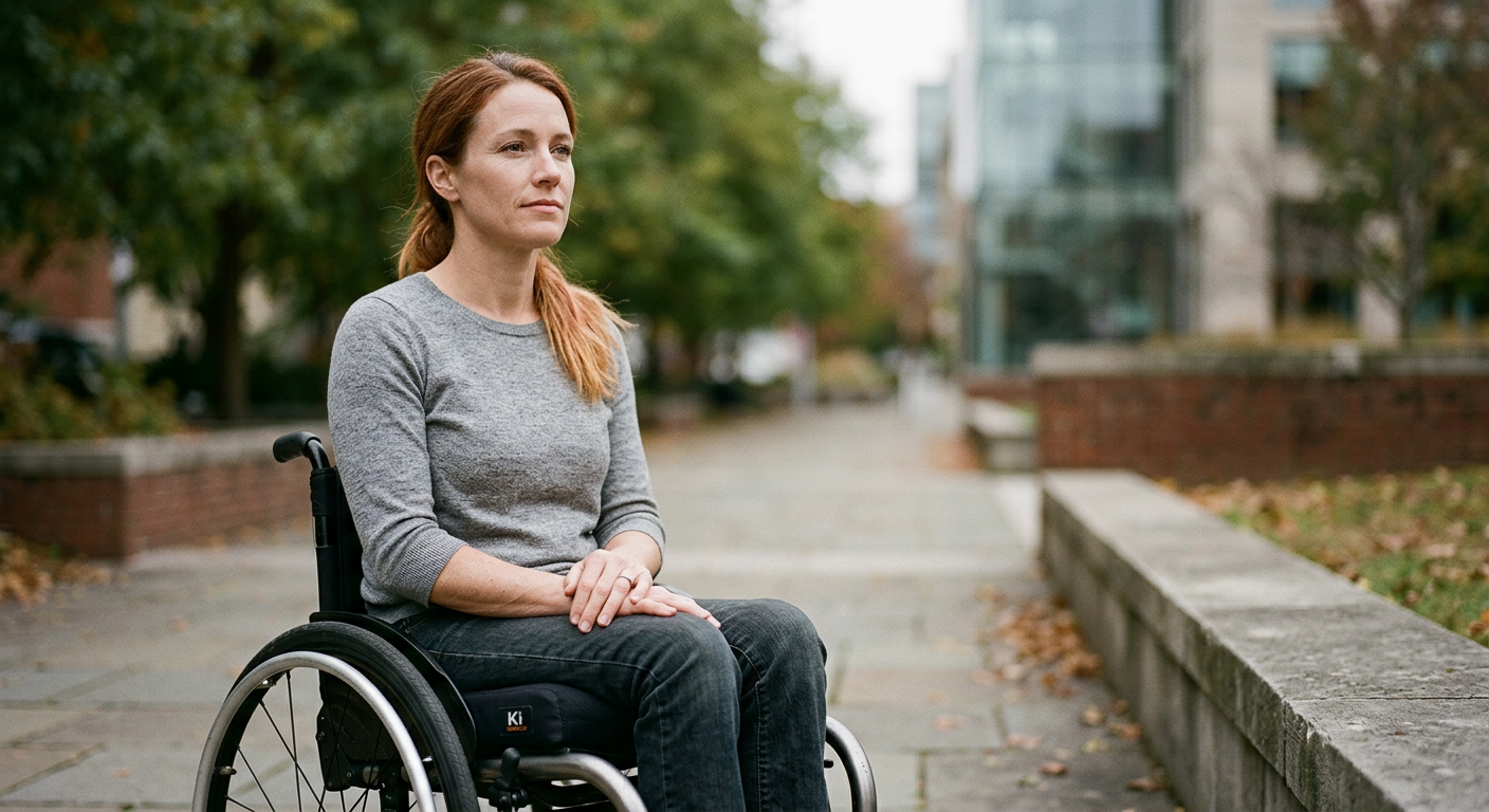 a person who uses a wheelchair looking forward with quiet resolve, catastrophic spinal injury