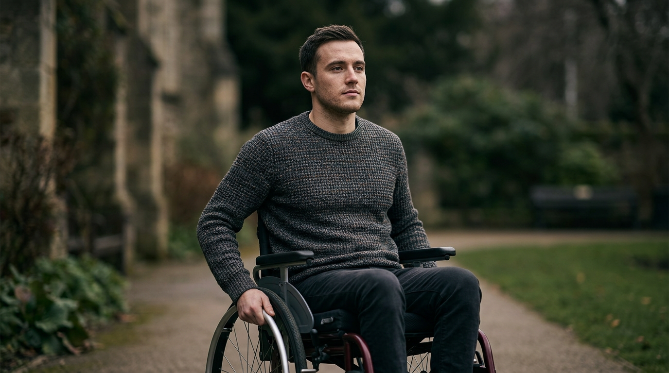 Person using a wheelchair looking forward with a determined expression.