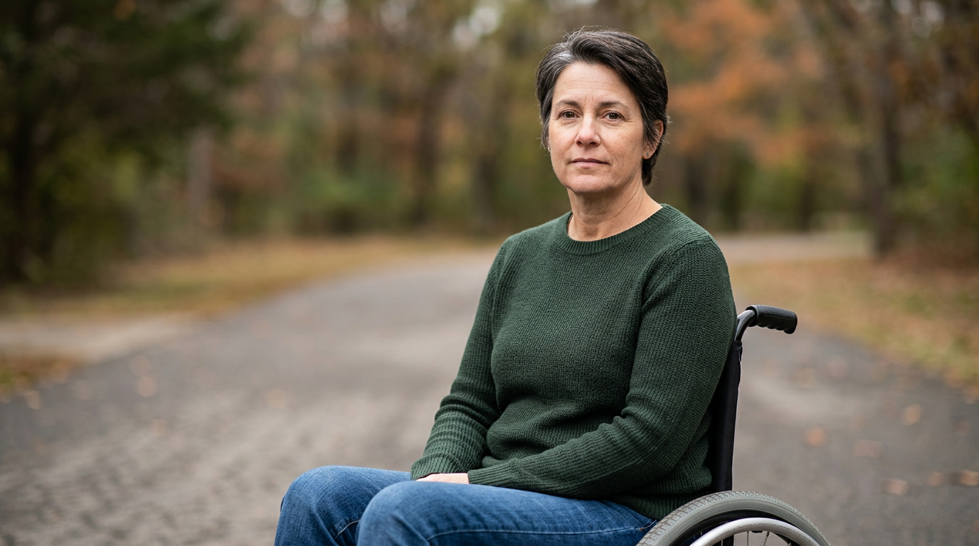 Person using a wheelchair looking forward with a determined expression.