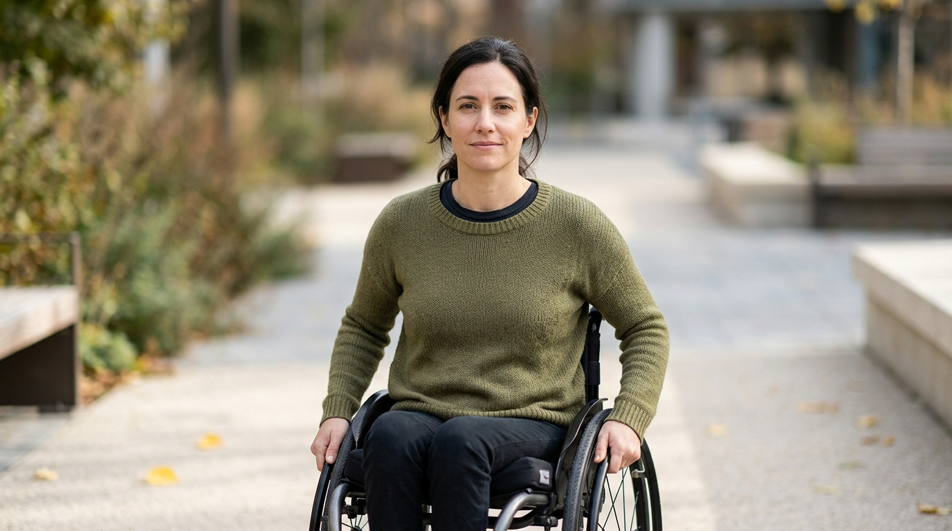 a person who uses a wheelchair looking forward with quiet resolve, catastrophic spinal injury