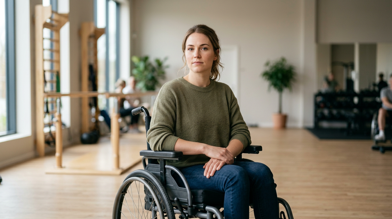 Person using a wheelchair looking forward with a quiet, resolute expression.